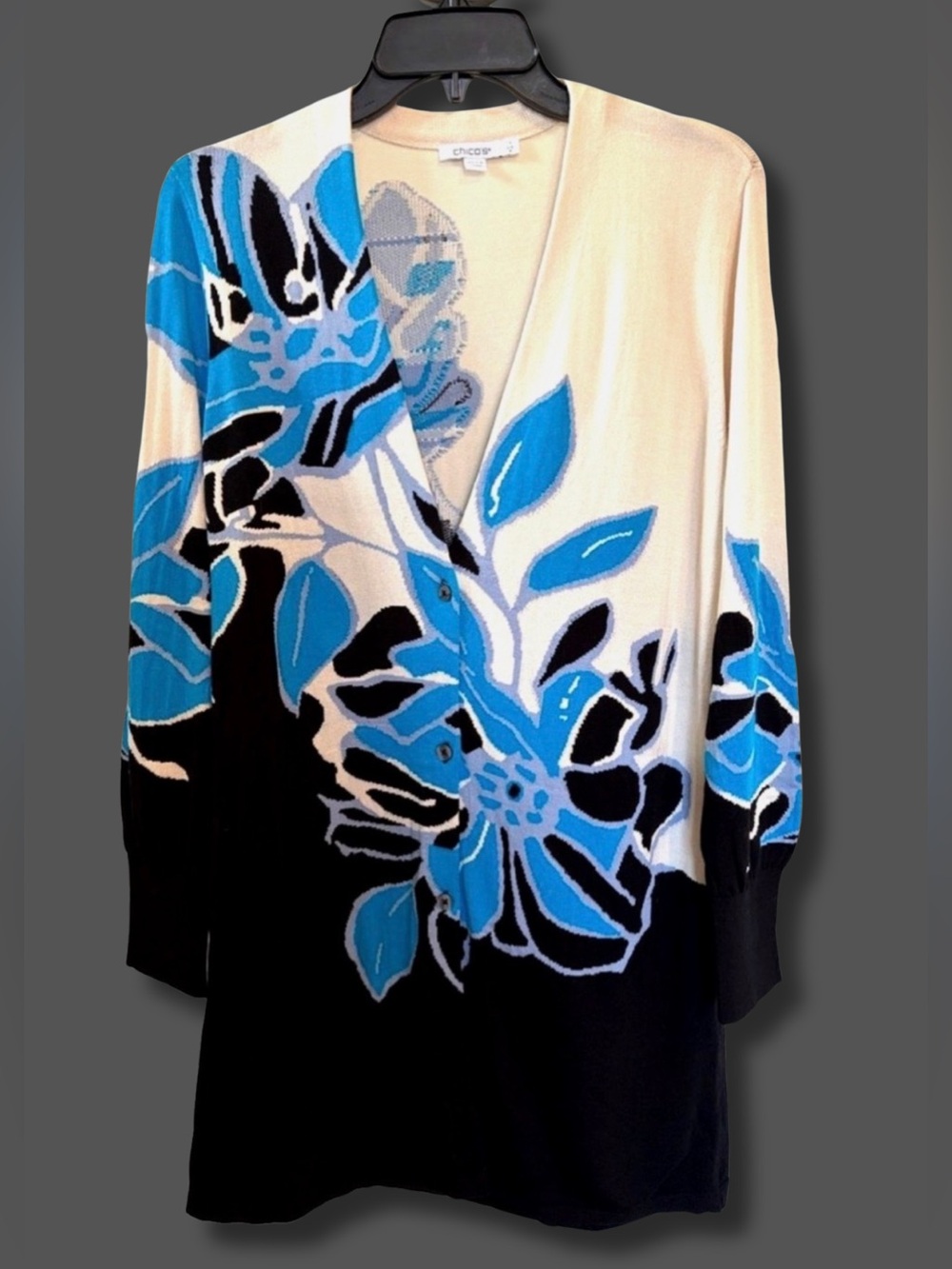 Chico’s Floral Duster Cardigan Size 1 M Blue Black Cream Open Front Sweater